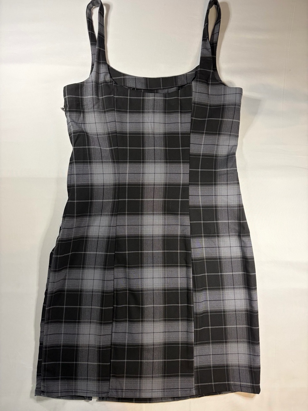 H&M Black and Gray Plaid Sleeveless Square-Neck Mini Dress
